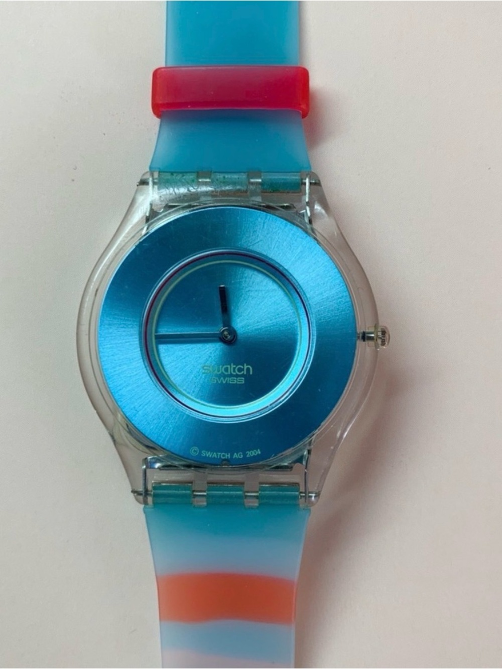 Swatch SKIN Blue and Red Striped Rubber Wrist Watch